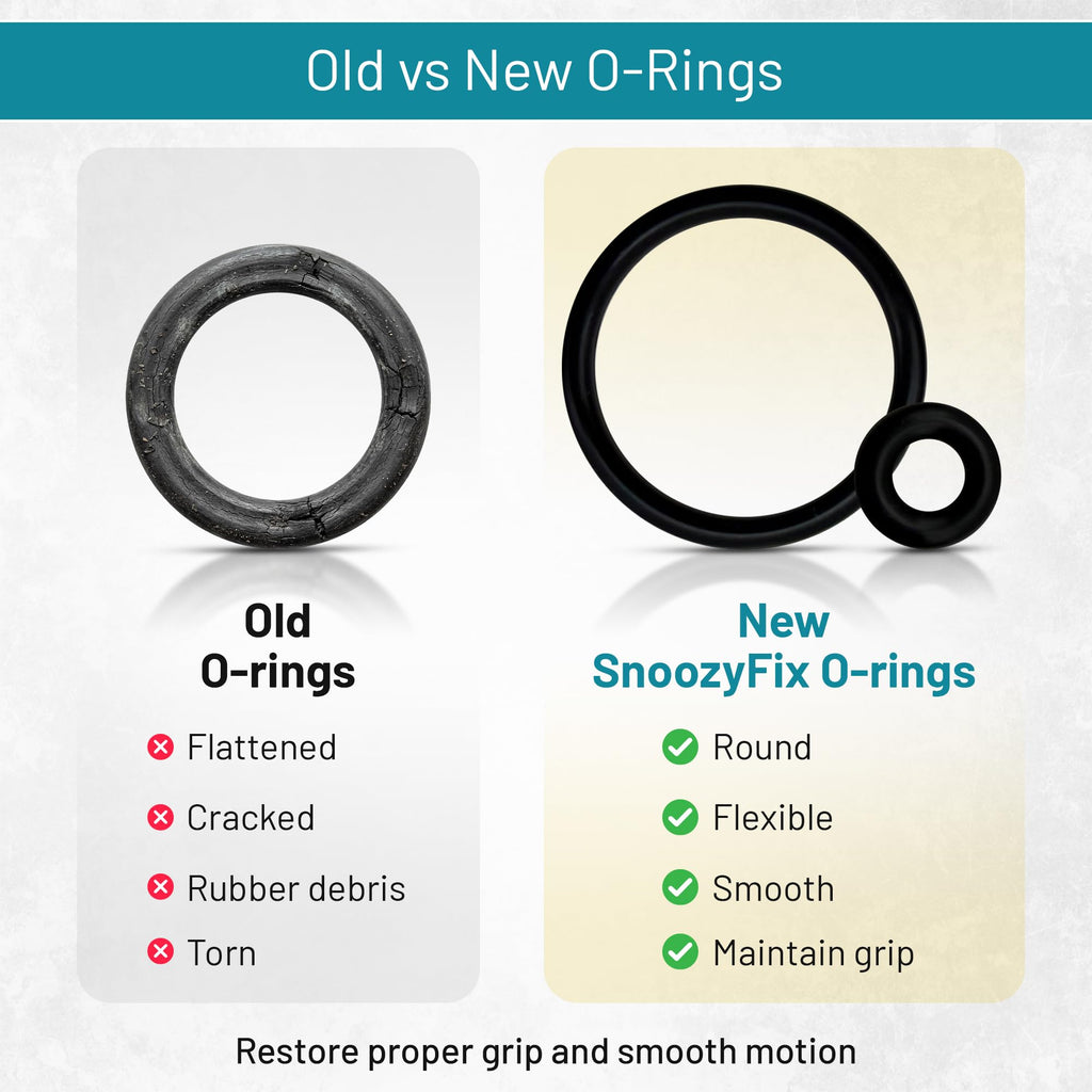 Comparison of a cracked worn SNOO O-ring with new SnoozyFix O-rings