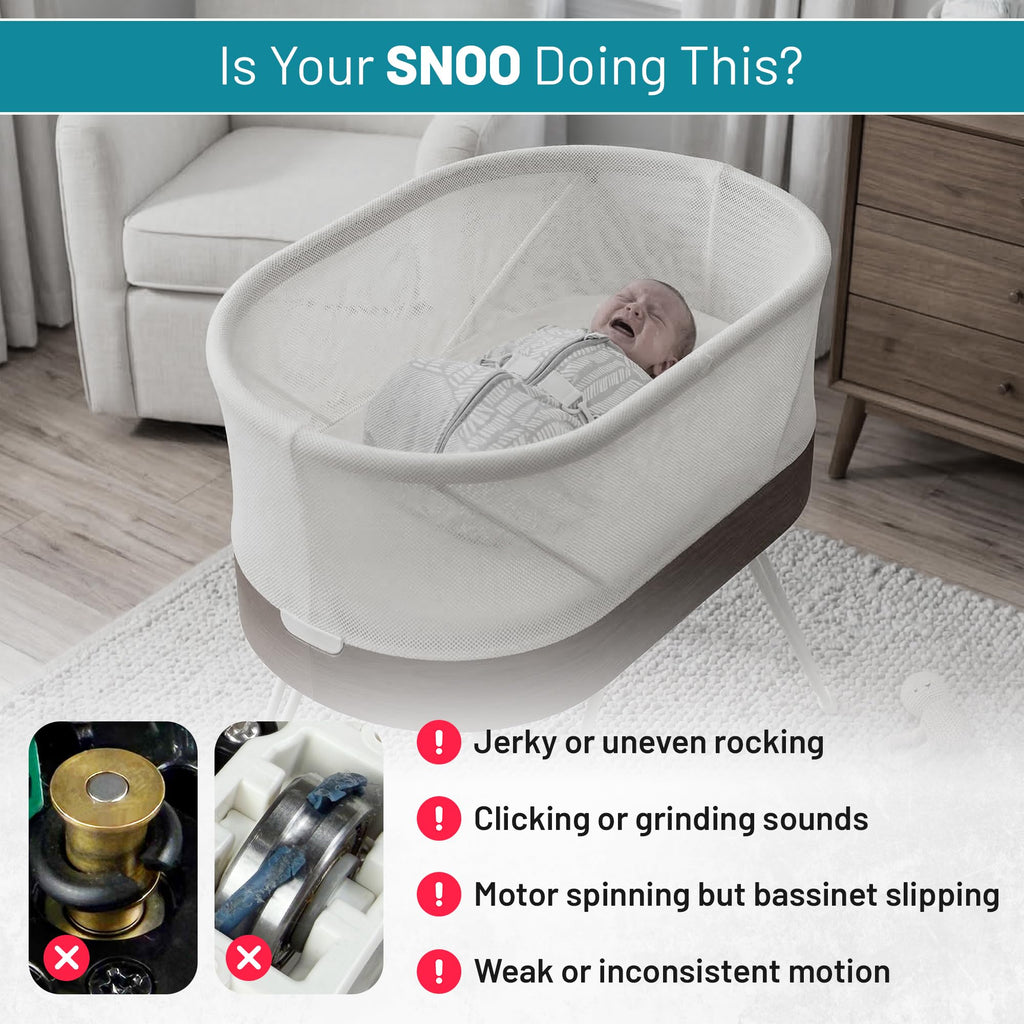 SNOO motion symptoms including jerky rocking, grinding, slipping, and weak motion